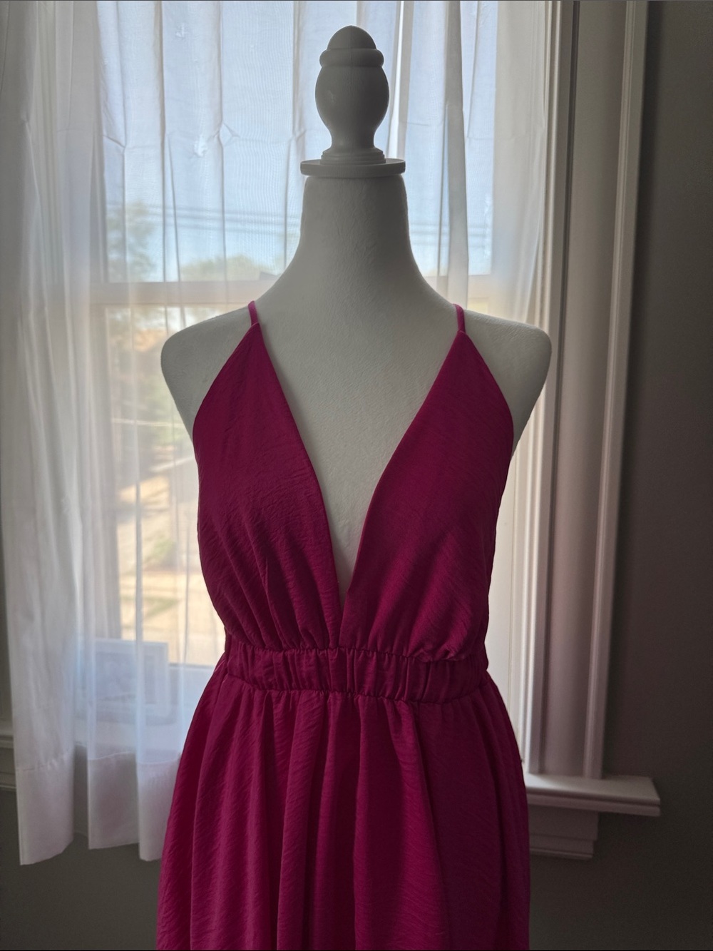 Deep V-Neck Sleeveless Fuchsia Mini Dress